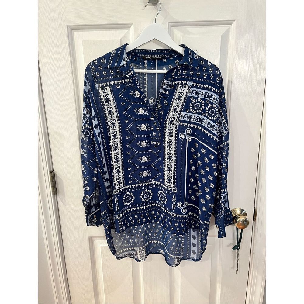 Zara Sheer Blue Handkerchief Prints Hugh Low Blouse sz S EUC